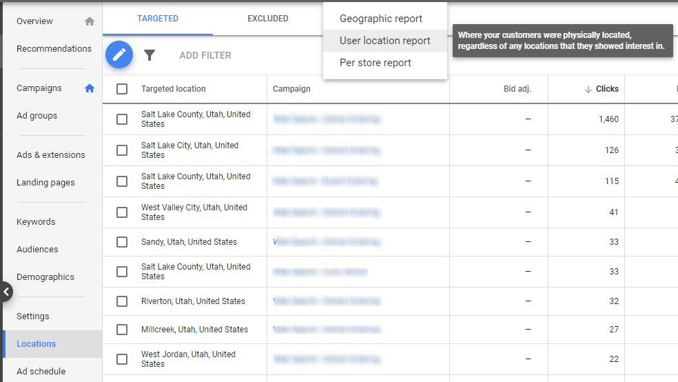google ads optimization user location report