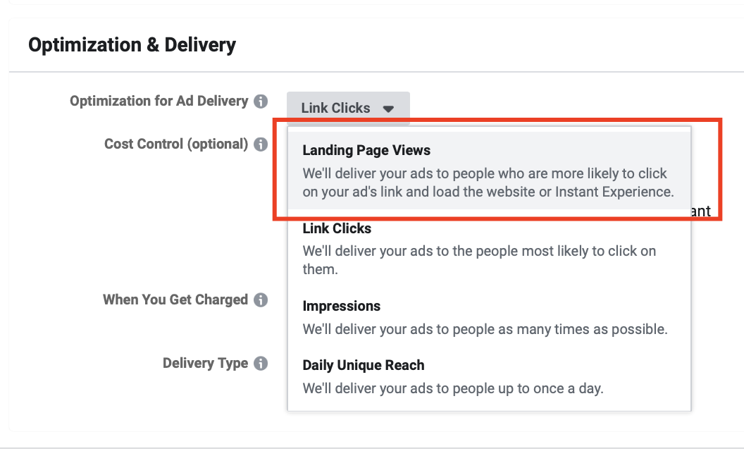 facebook ppc optimize on landing page views 