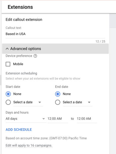 advanced options google extension scheduling 