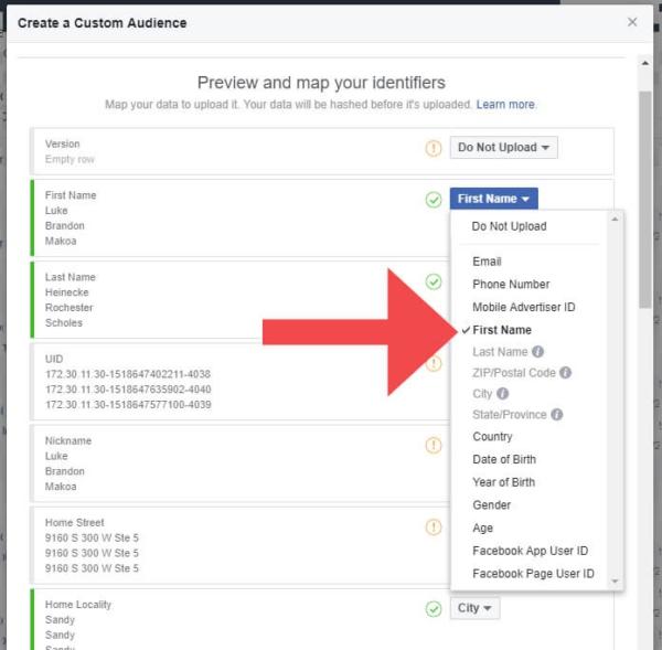 Facebook Data Mapping Custom Audience Customer List