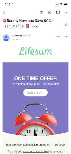 Lifesum Gmail Ad retargeting example