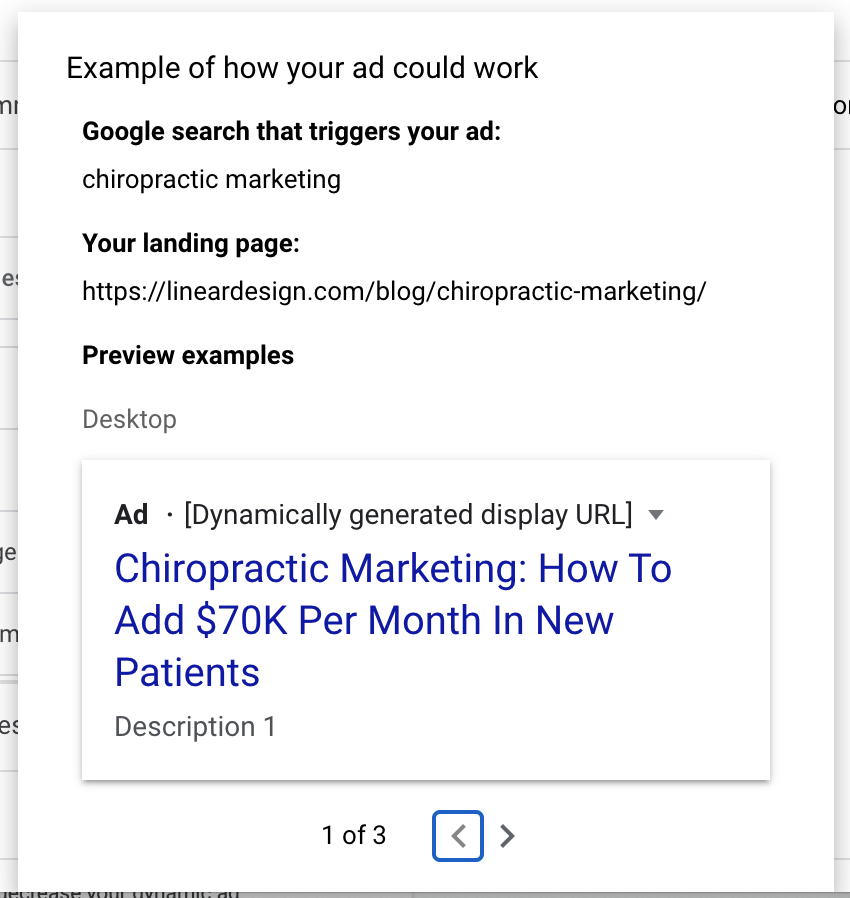 Dynamic Search Ad (DSA) preview for Chiropractic Marketing Blog
