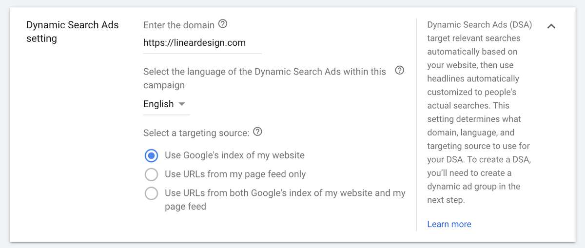 Dynamic Search Ad Setting