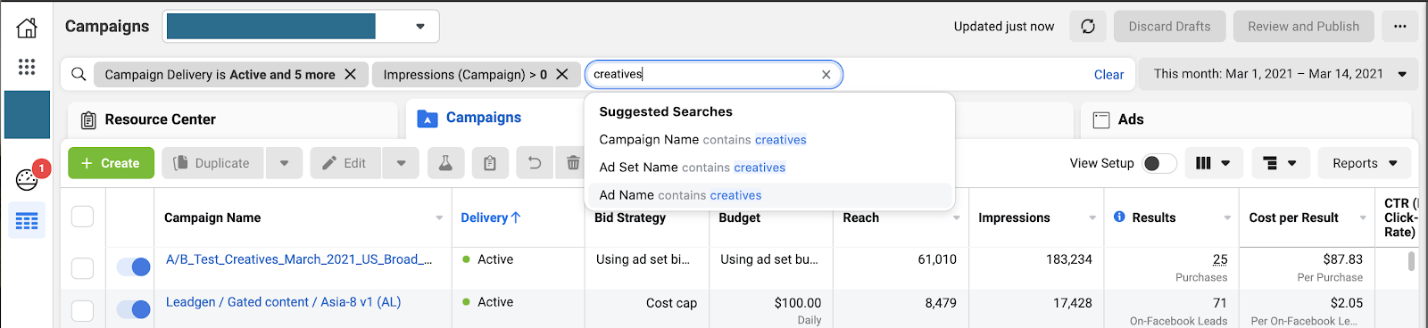 Search your campaigns based on name or ID