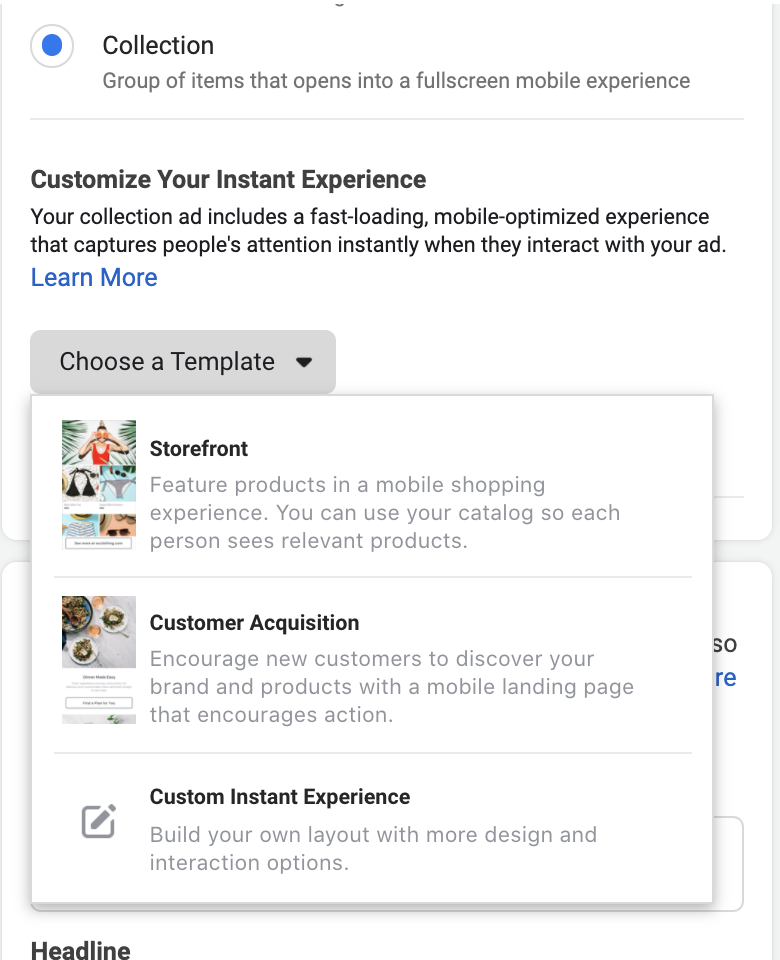 Facebook collection ad experience set up