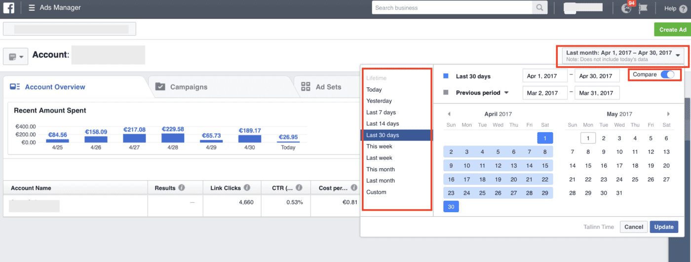 Facebook ads manager reports options