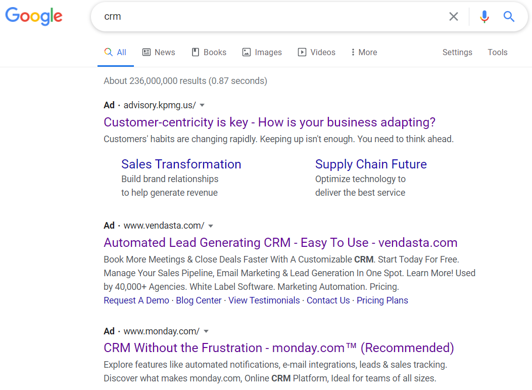 SERPs for the query CRM