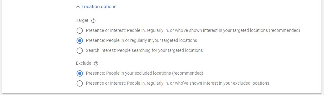 google ads campaign settings location options