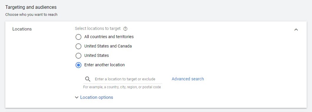 google ads campaign settings locations to target