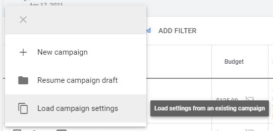 google ads campaign settings load previous campaign settings