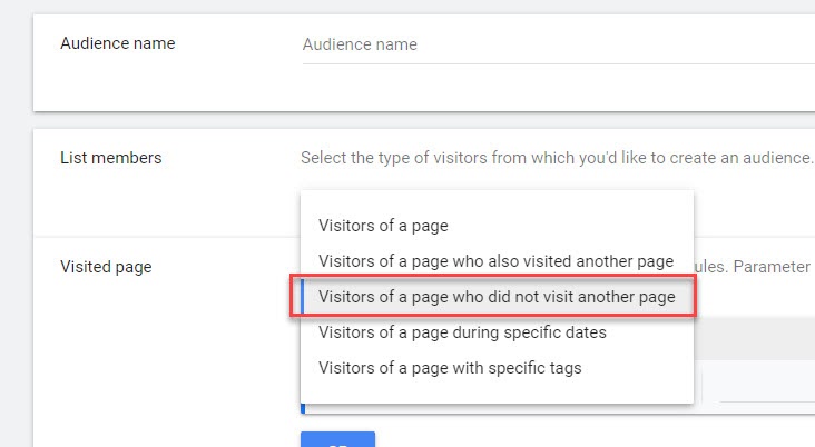 visitors of a page who did not visit another page