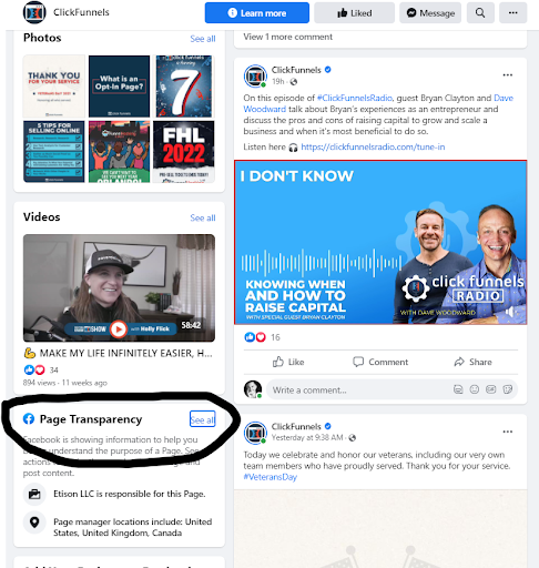 View split tests Facebook ads transparency section