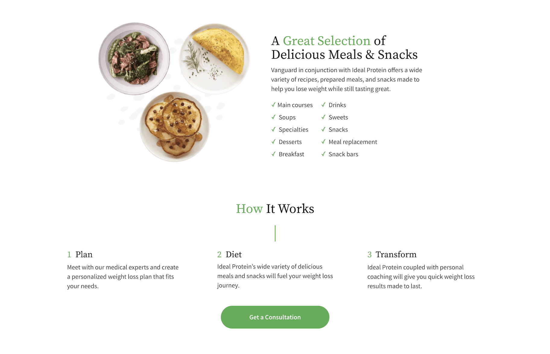 Weight loss clinic landing page example - product and process